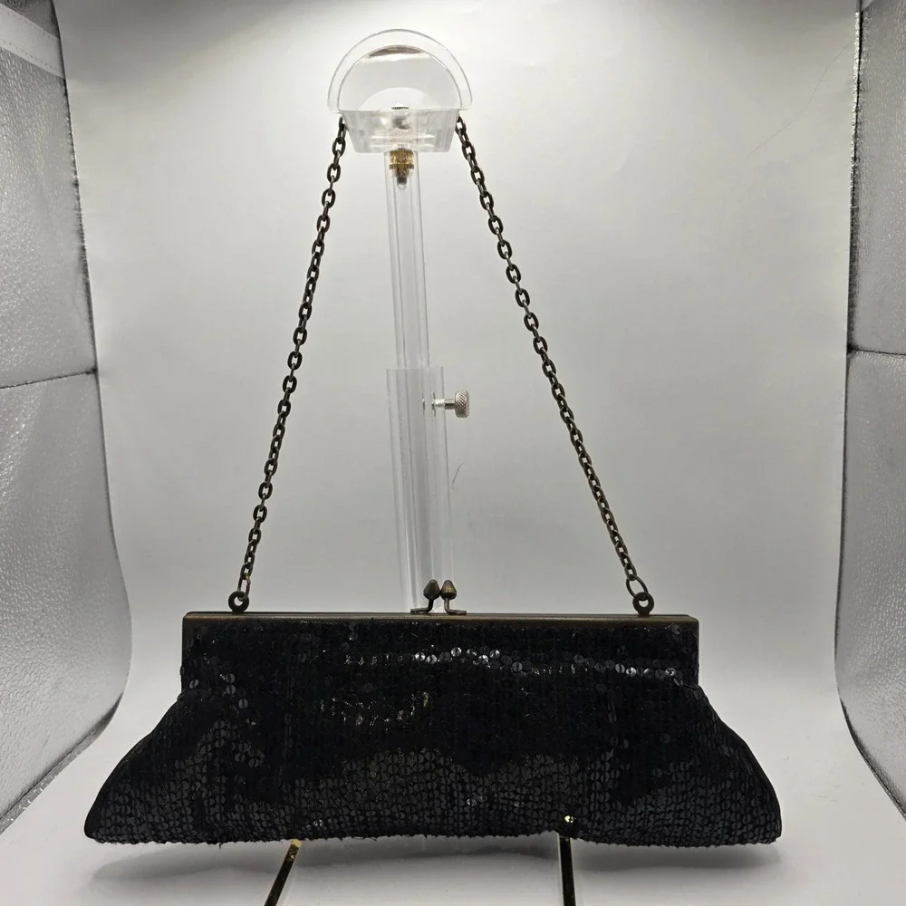 Vintage Style Black Sequin Floral Beaded Kiss Lock Evening Clutch Shoulder Bag